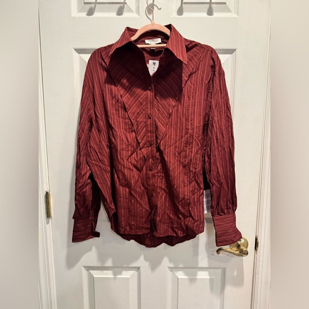 Topshop Burgundy Oversized Striped Shirt in  US size 2